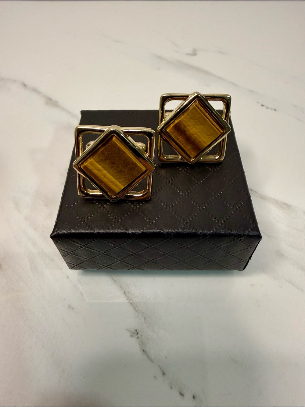 Gold Tone Tiger's Eye Square Cuff Links